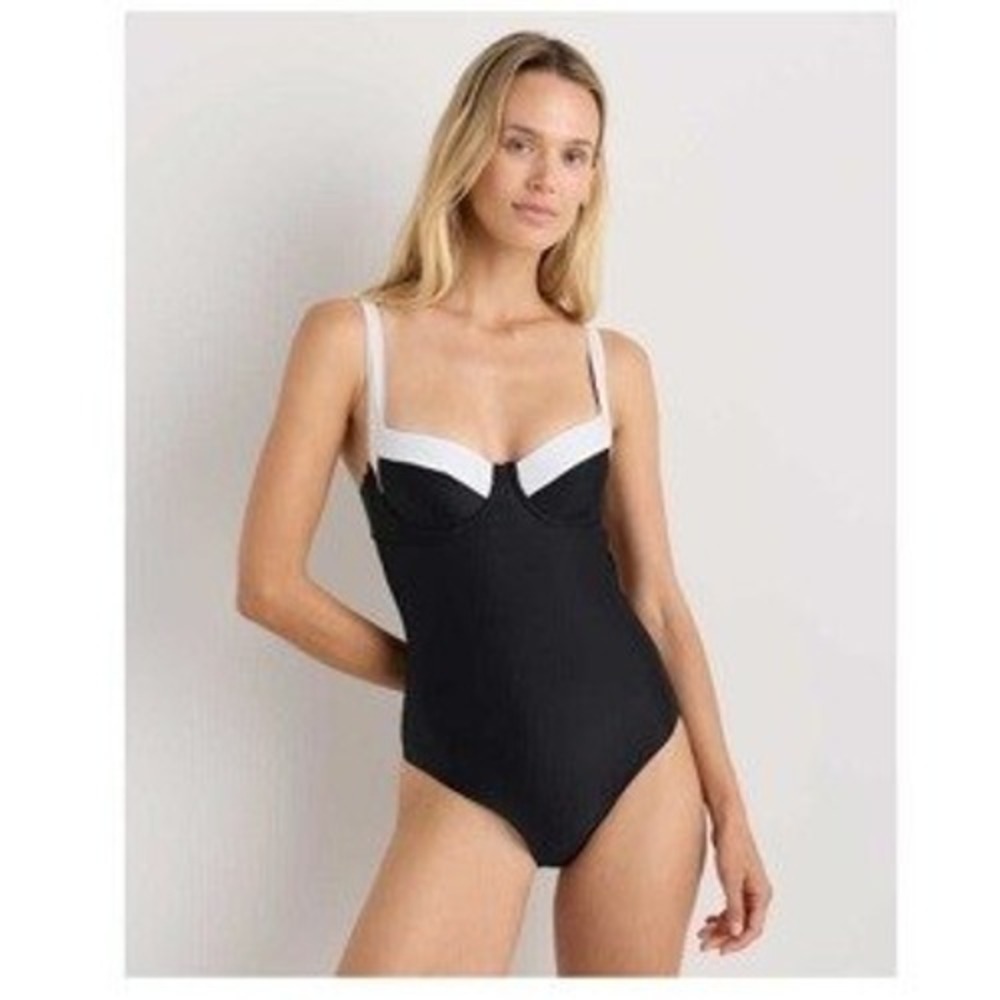 Quince One Piece Swimsuit Women Medium Black White NWT Underwire Colorblock Tie